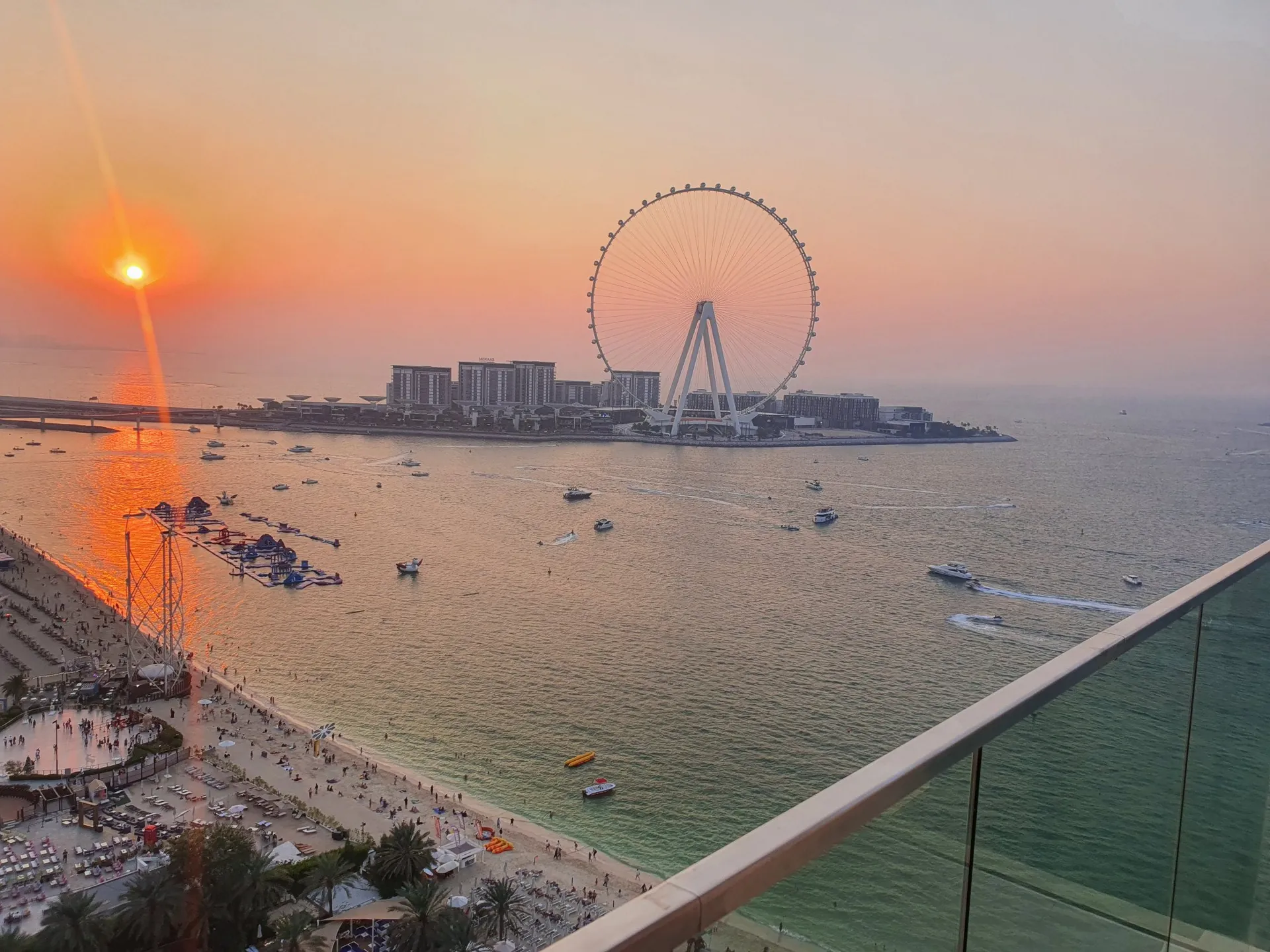 JBR beach, Bluewaters Island and Ain Dubai at sunset